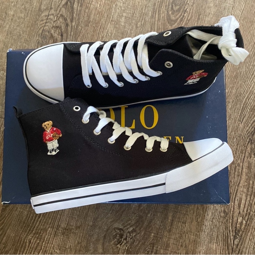 Polo Ralph Lauren Boys Shoes Size 7 Black High Top Canvas Sweater Bear Sneakers